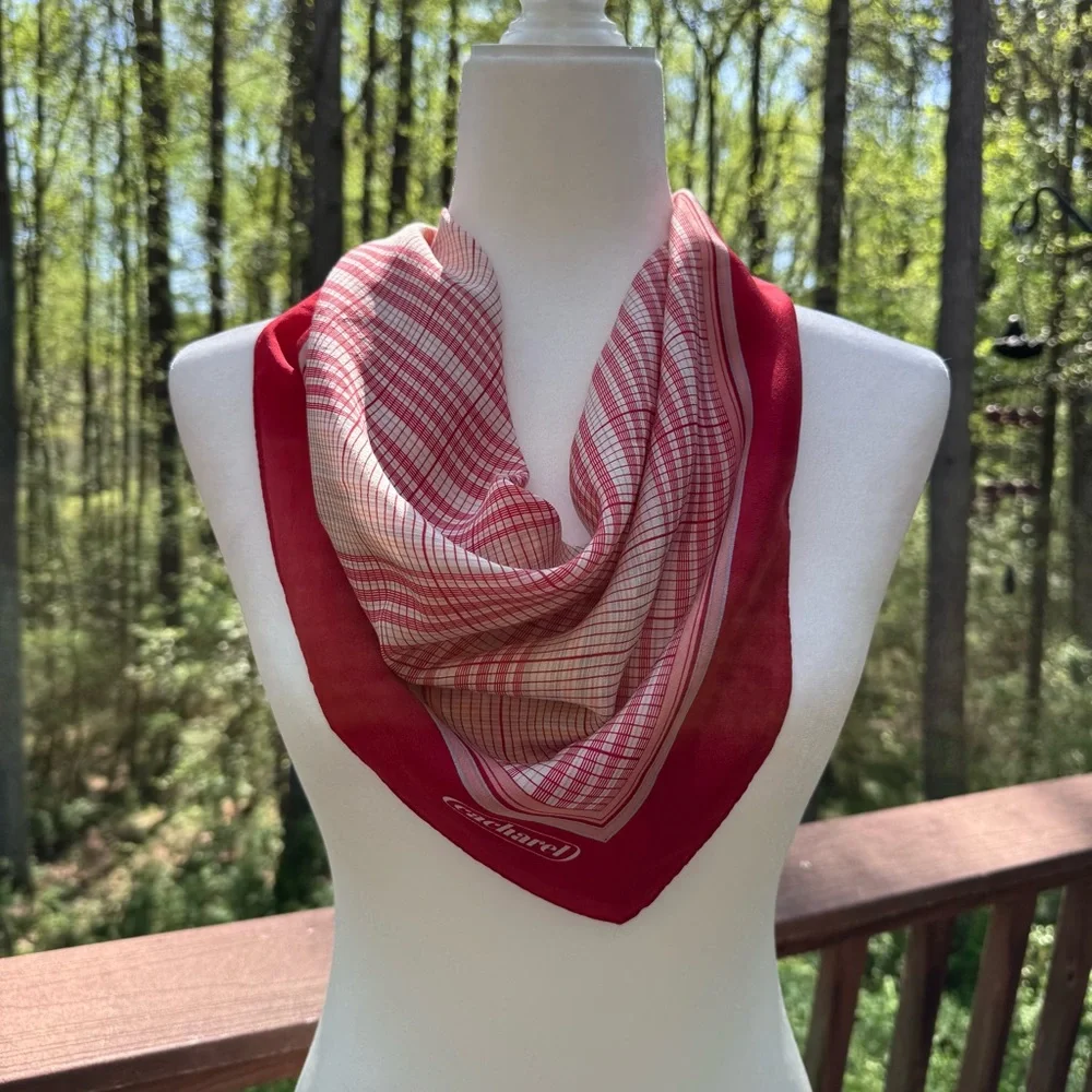 Vintage Cacharel Plaid Tartan Silk Feel Square Scarf 26x26 Red Cream French Chic